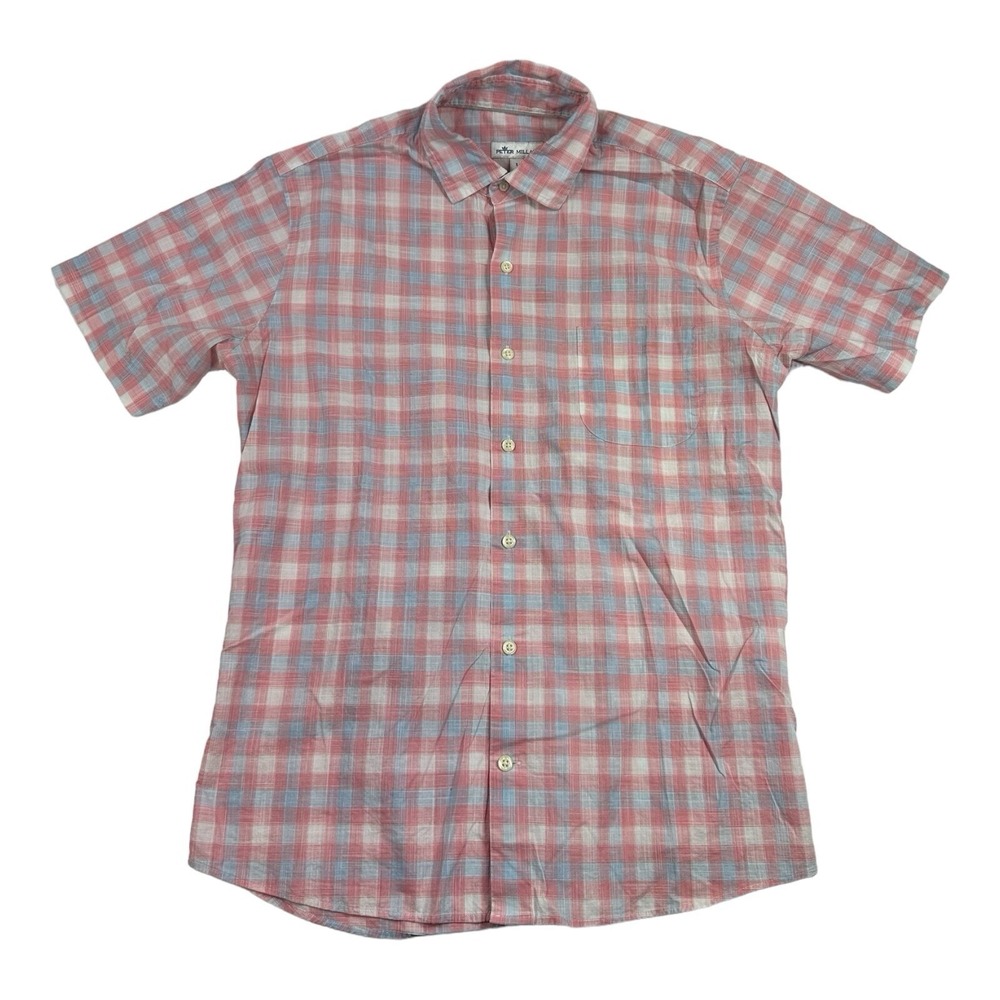 Peter Millar Mens Pink Blue White Checked Short Sleeve Button Front Shirt Small